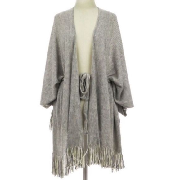Grey Knit Belt Tie Waist Wrap Poncho Cardigan OSFM - Picture 2 of 12